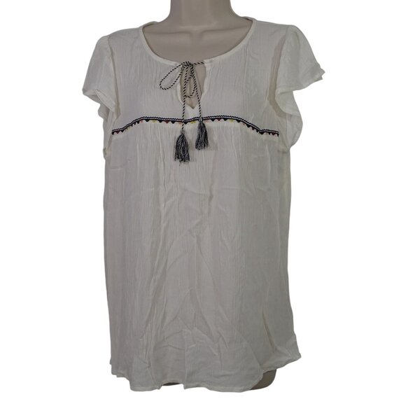 Old Navy Cream Boho Tunic Top Tassel Tie Women Size L Crinkle Rayon Short Sleeve - Picture 1 of 8
